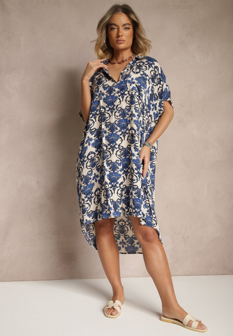 Rochie tip cămașă dreaptă bleumarin din Viscoză cu Imprimeu Ornamental Vanisse