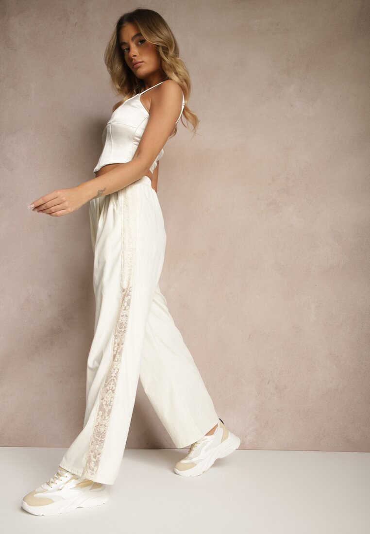 Pantaloni Largi Bej deschis din bumbac High Waist Decorați cu dantelă Efandiela