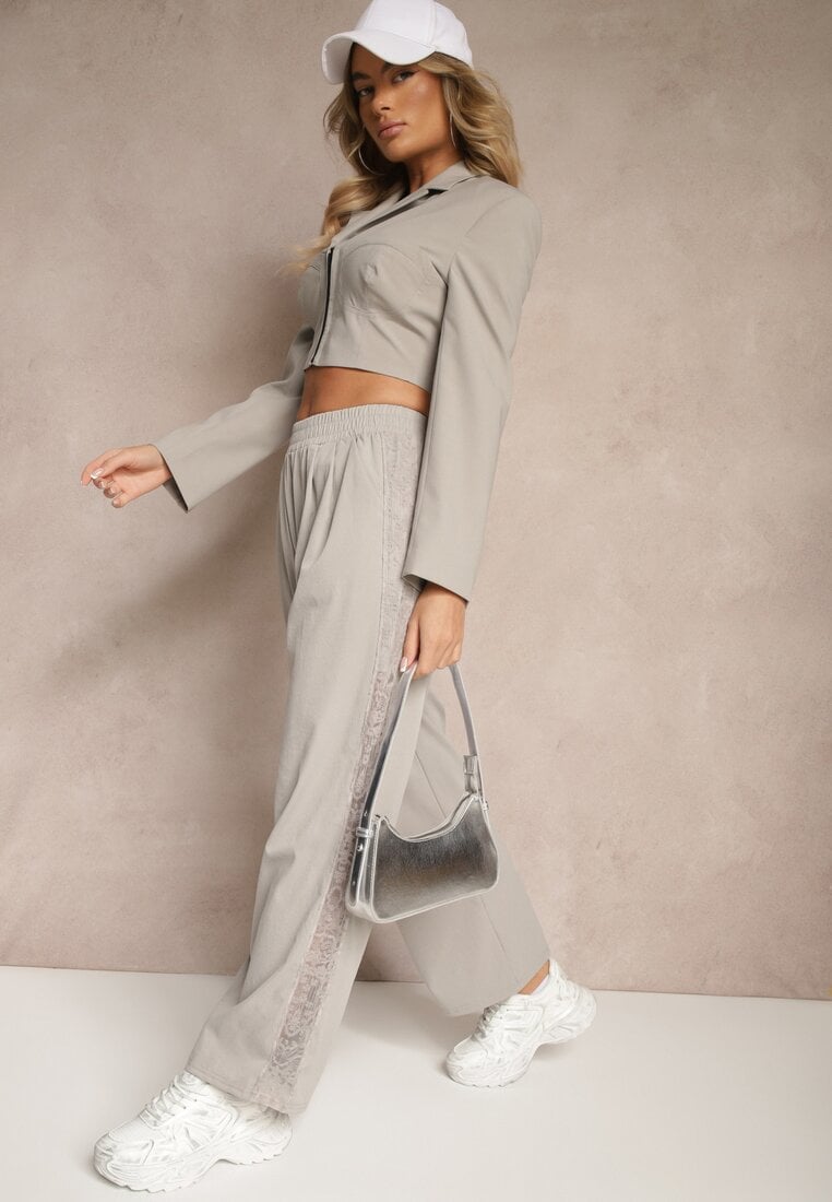 Pantaloni Largi Gri Deschis din bumbac talie înaltă Decorați cu dantelă Efandiela