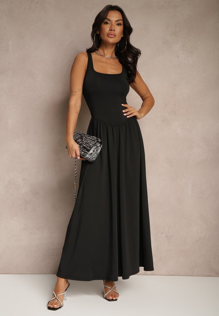 Rochie Neagră Evazată cu viscoză și decolteu pătrat Ravvia