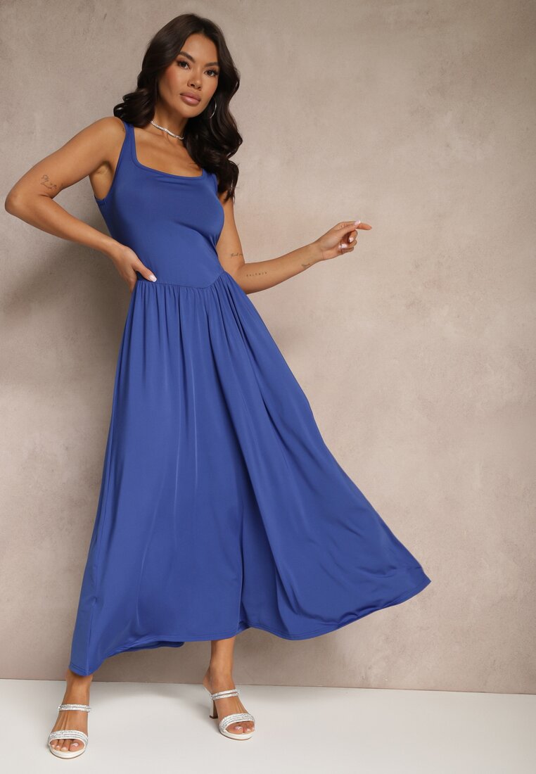 Rochie Evazată Albastră cu Vâscoză și cu Decolteu Pătrat Ravvia