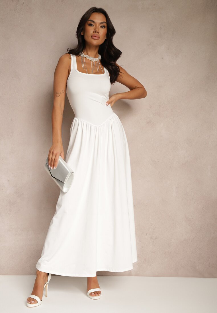 Rochie Cloș Albă cu Viscoză și Decolteu Pătrat Ravvia