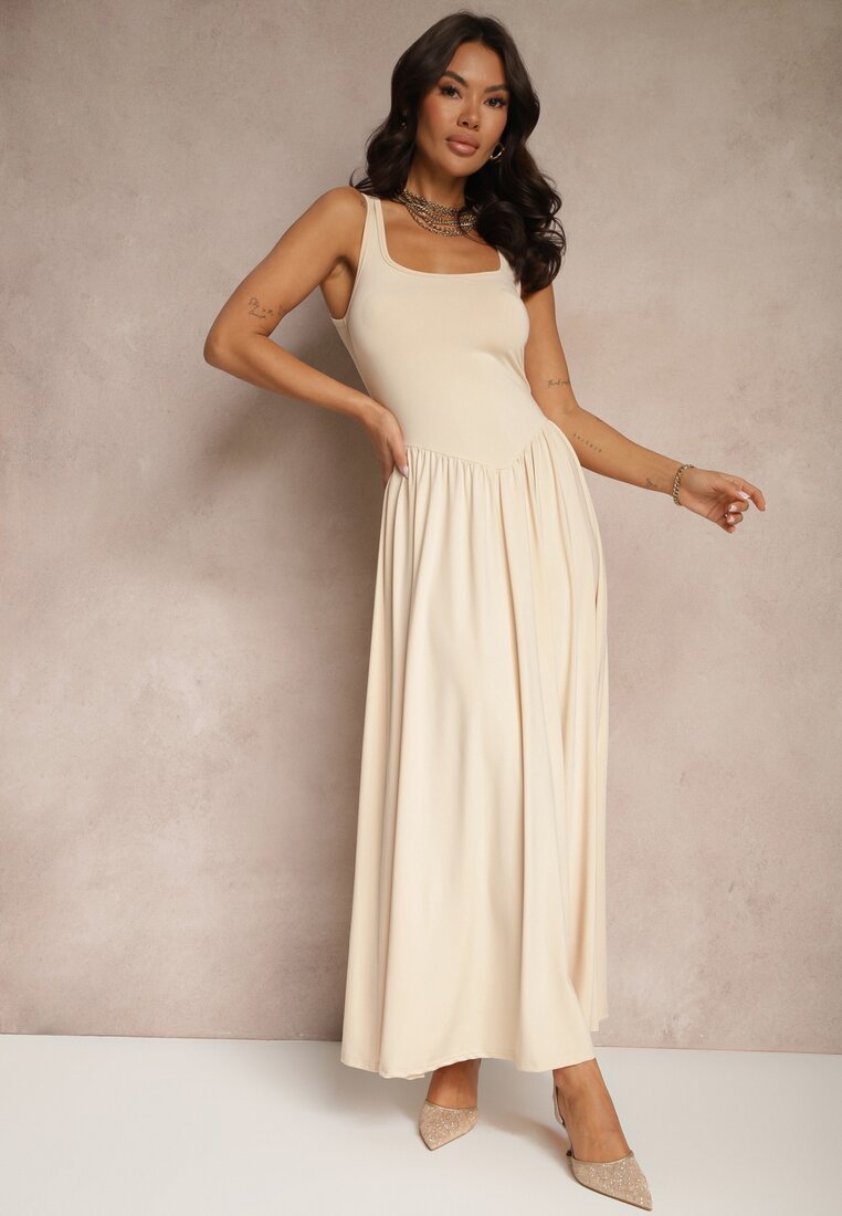 Rochie Evazată Bej deschisă cu Vâscoză și Decolteu Pătrat Ravvia