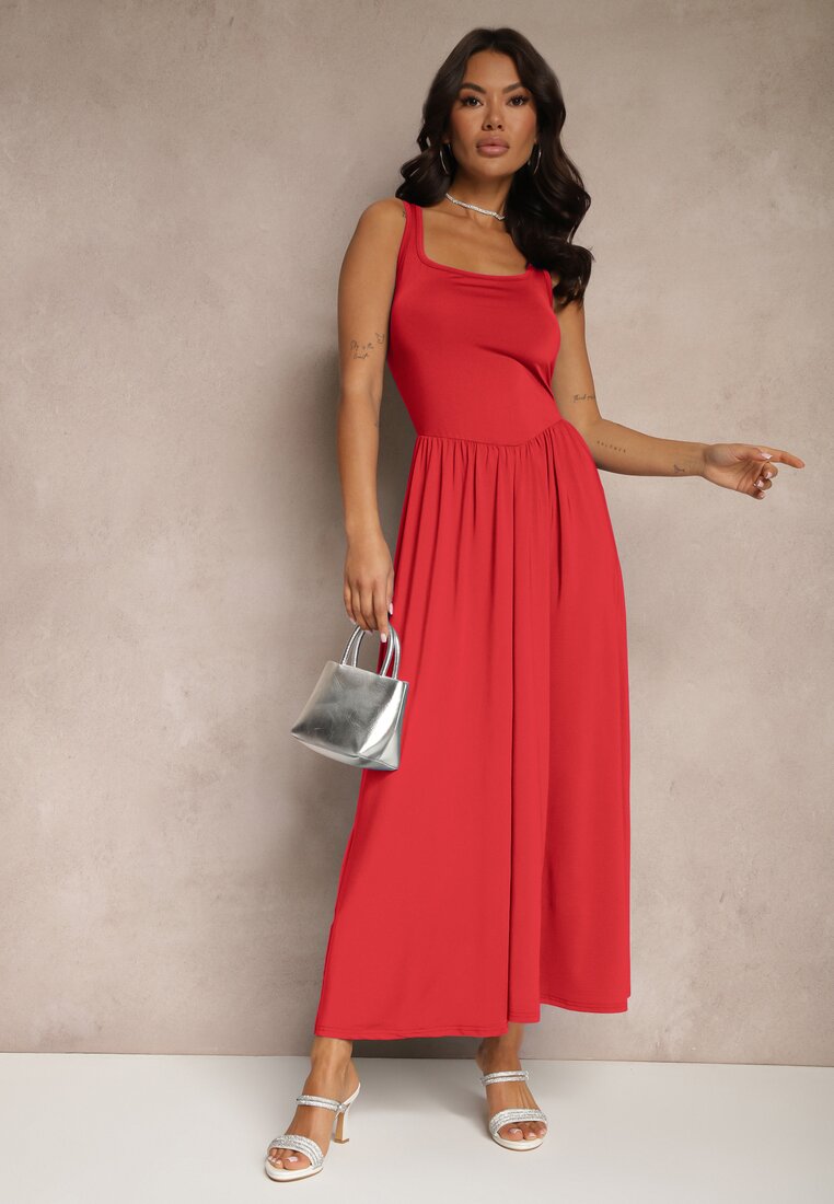 Rochie Roșie Evazată din Viscoză și cu Decolteu Pătrat Ravvia