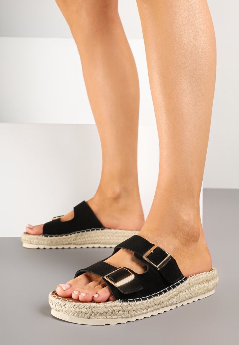 Papuci negri cu catarame și împletitură de iută Karinn