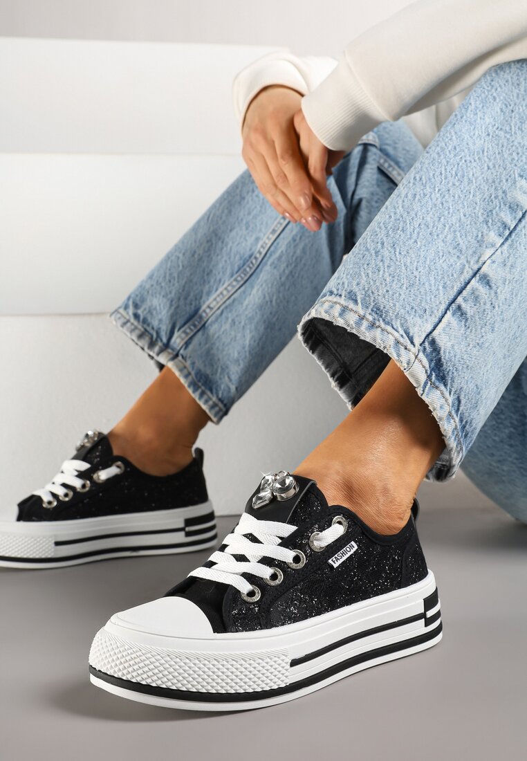 Adidași Negri cu Platformă cu Zirconii și Dantelă Nusilwen