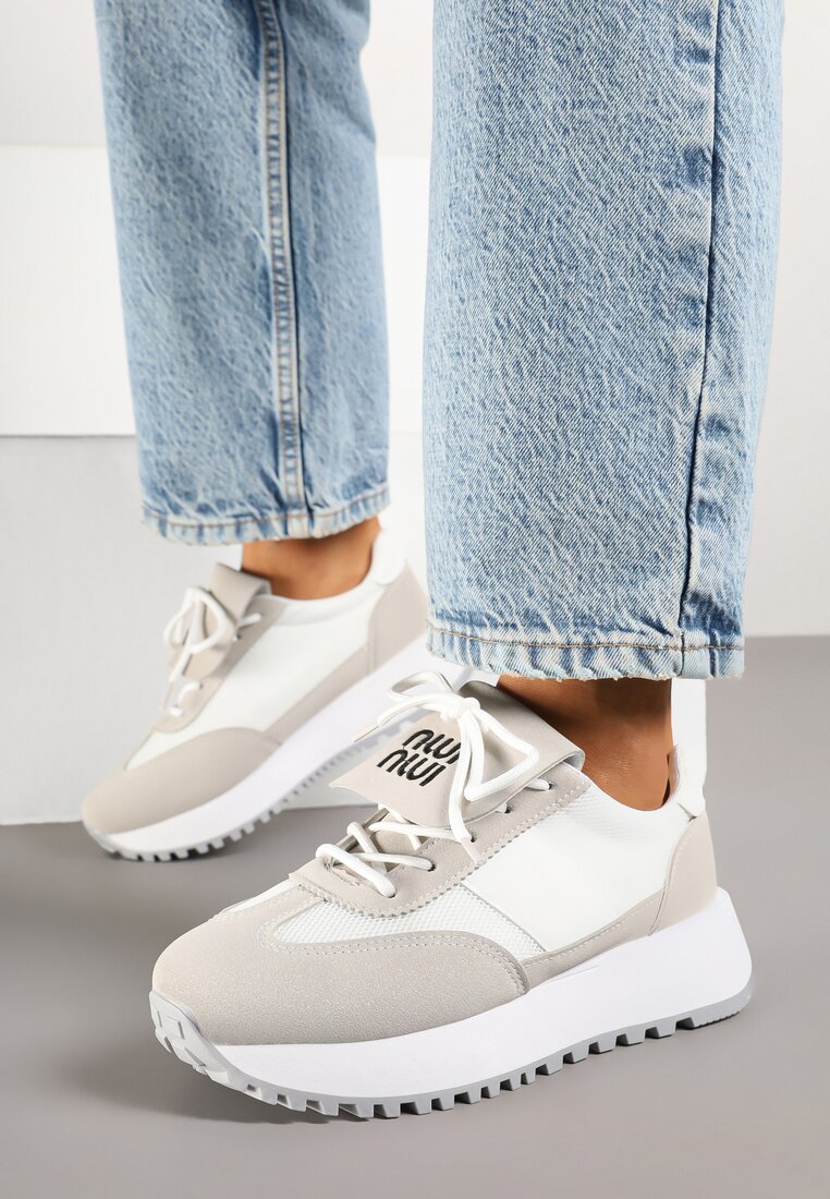 Sneakers Alb-Bej pe platformă cu model geometric Aluina