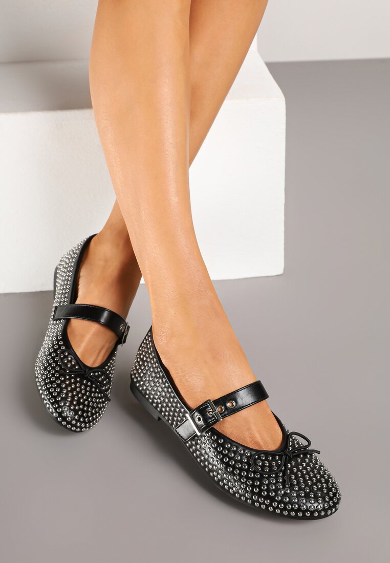 Balerini Negre Mary Jane Decorate cu fundă și zirconii Lurisellia