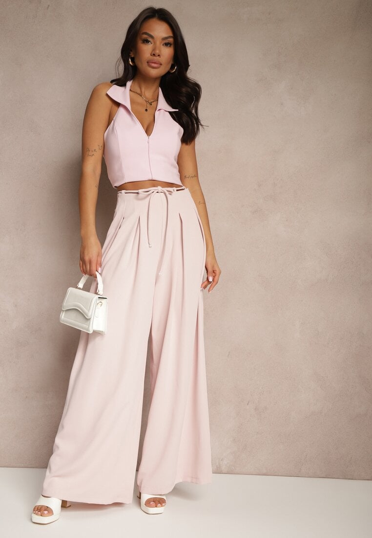 Pantaloni Roz Largi High Waist Cu fermoar Cu cordon în talie Vikonnia