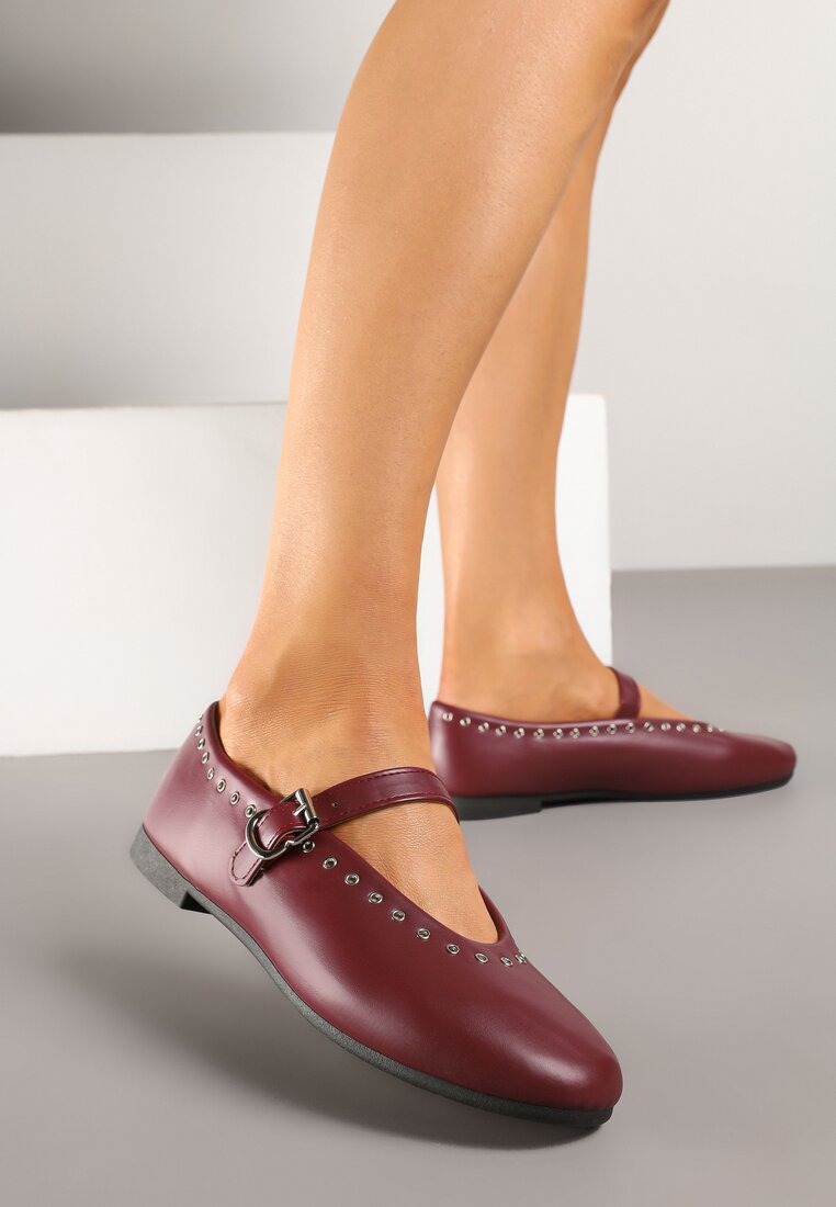 Balerini Bordo stil Mary Jane cu aplicații de nituri Fennriva