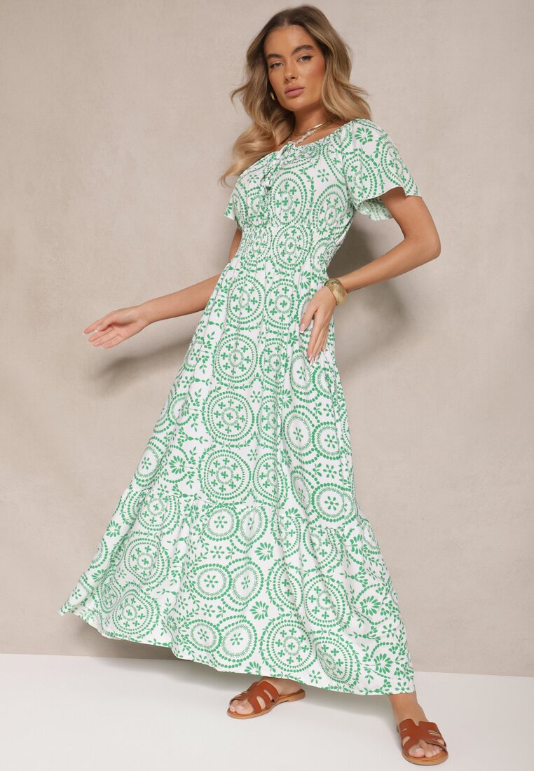Rochie Verde-Albă cu croială evazată din bumbac cu imprimeu abstract Ldivena