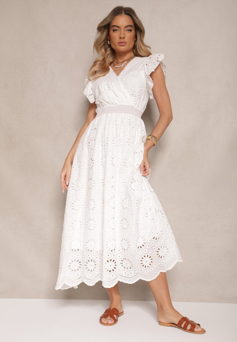 Rochie Albă Tip plic Ajurată cu Mâneci Bufante Ldivaya