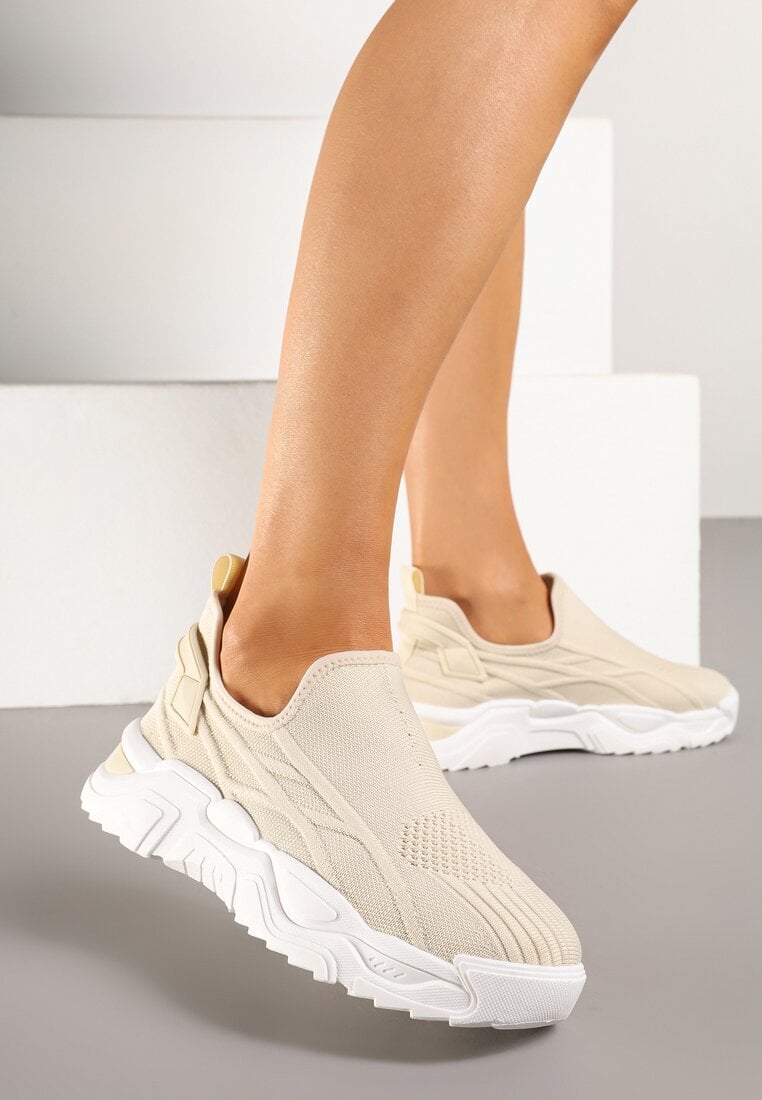Pantofi sport Bej din plasă Sneakers slip-on Decorați cu imprimeuri în relief Nusadela