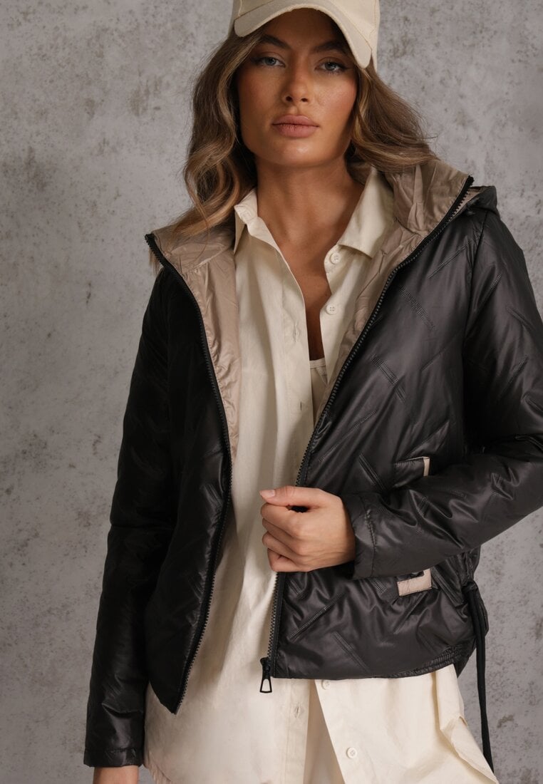 Kurtka Czarna cu Cusături Matlasate și Glugă Reglabilă pe Părți Nusillian