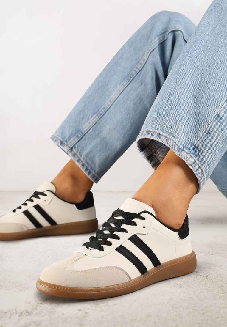 Sneakerși Bej și Negri Casual cu Talpă Plată și Benzi Jereria