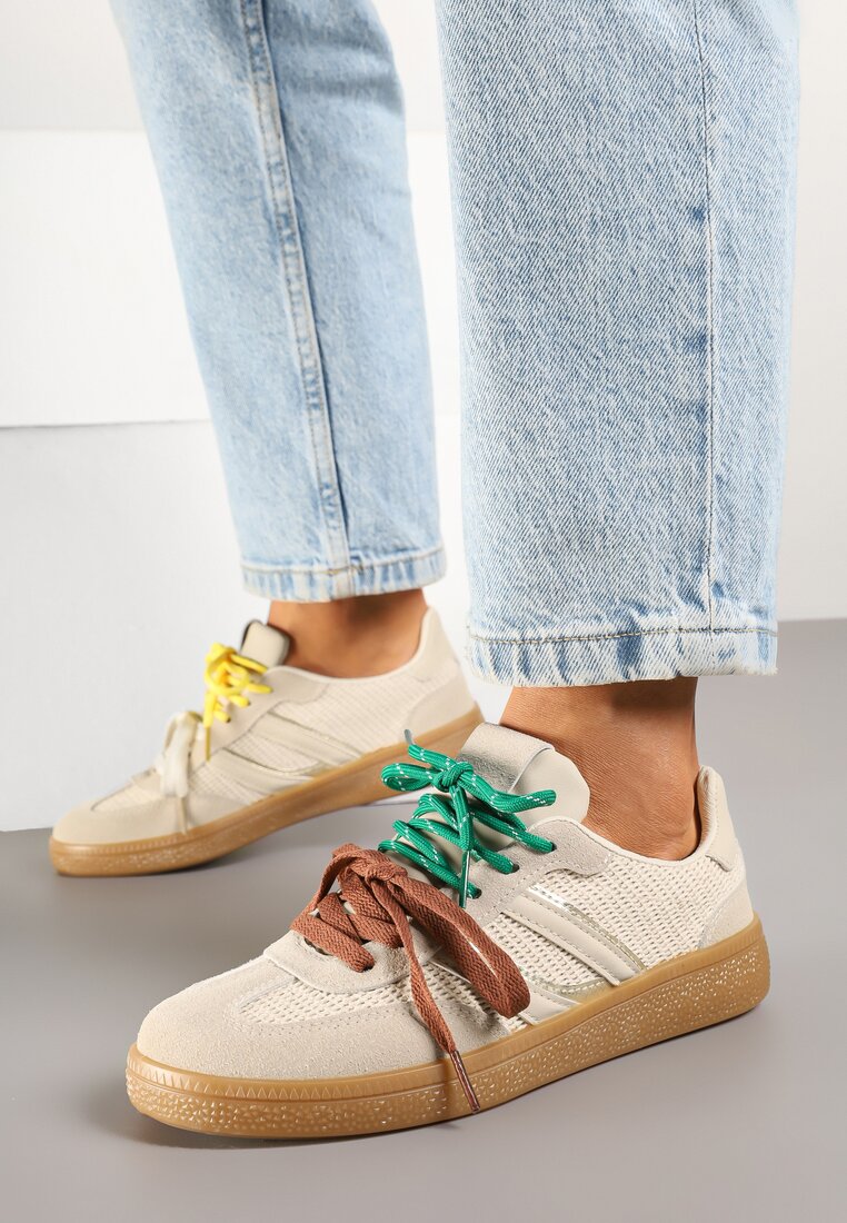 Adidași bej cu dungi geometrice și legare dublă Florlevi