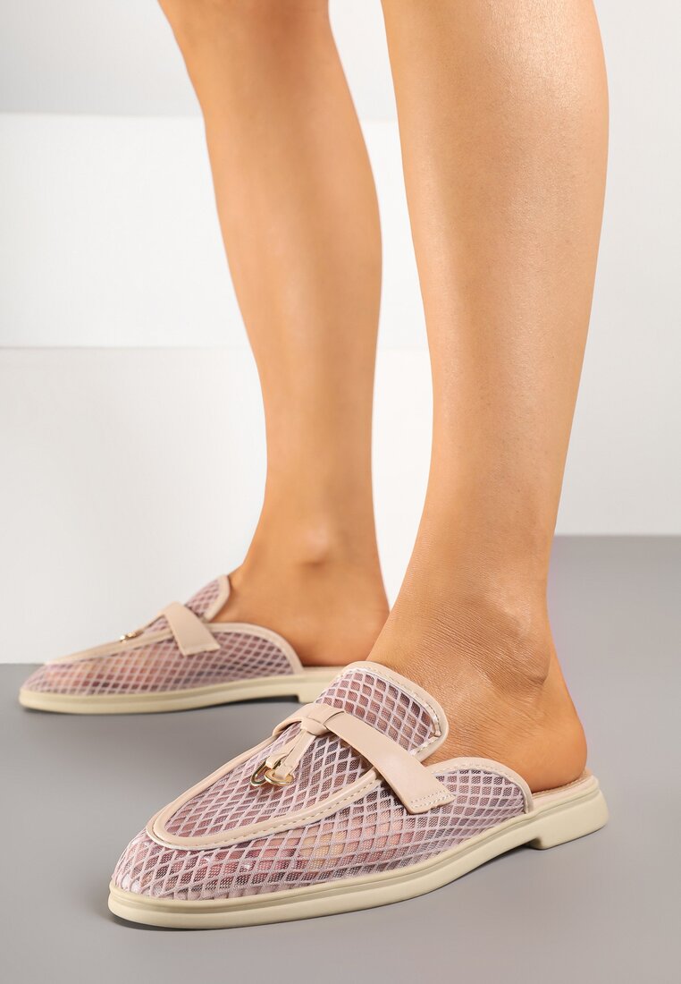 Papuci Mule Bej închis Transparente din plasă decorate cu pandantiv Telianne