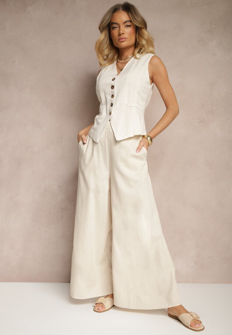 Pantaloni Bej din bumbac cu croială largă, talie înaltă, cu șnur Virselia