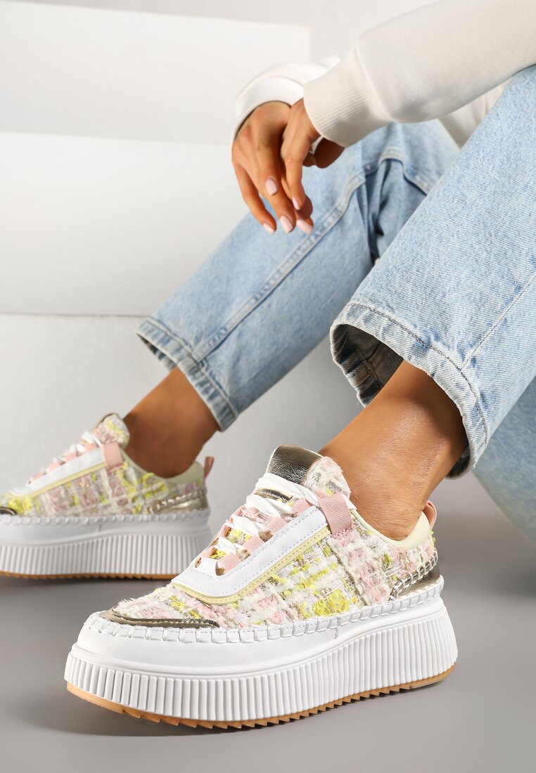 Sneakers Alb și Roz cu aplicații din tweed și cusături pe platformă Ulandrelia