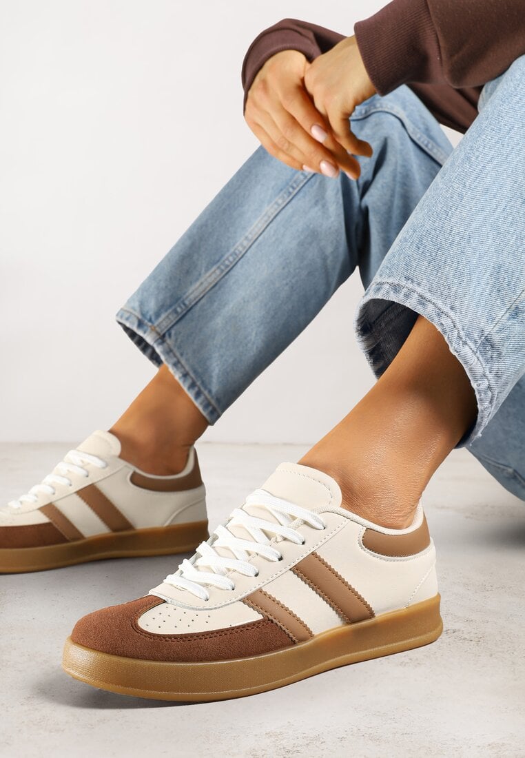 Sneakers Bej-alb în Stilul Tenisilor Clasici Decorați cu Cusături Ivelfia
