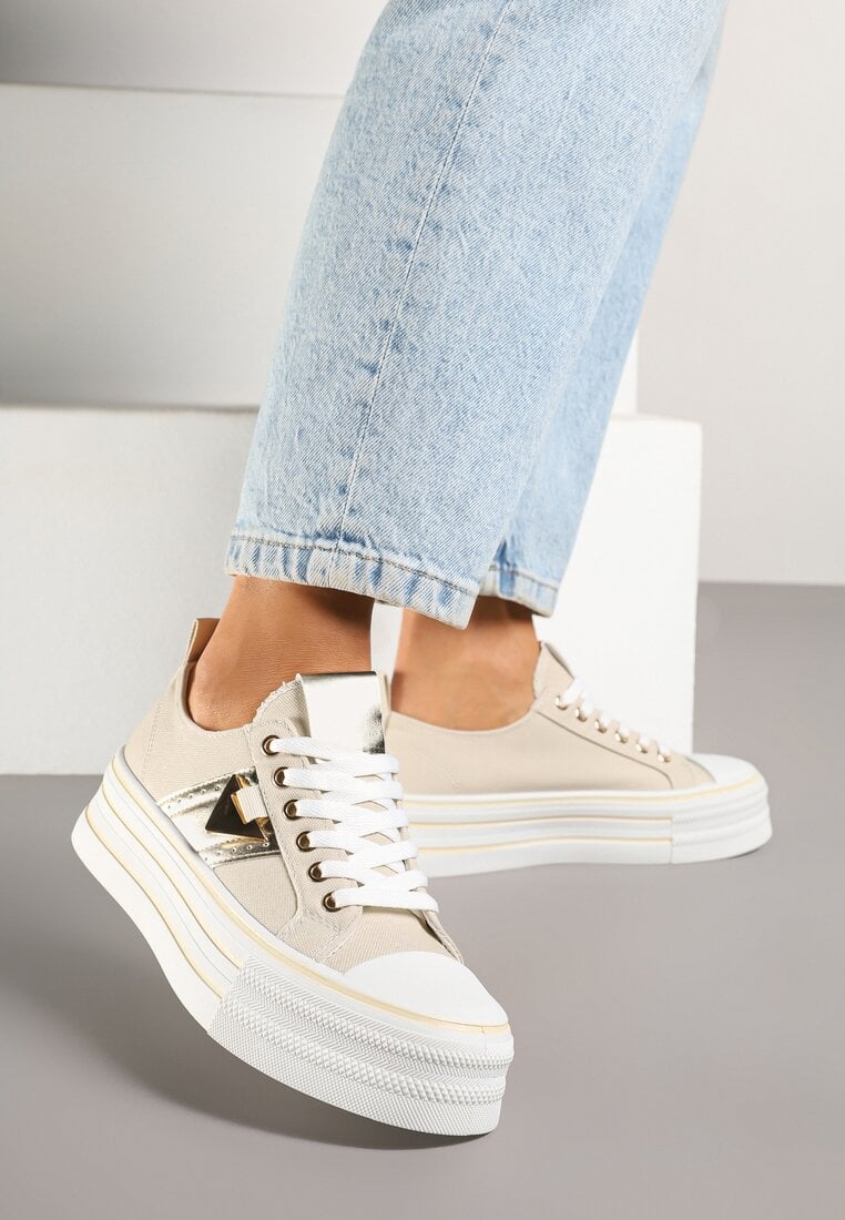 Tenisi Bej cu platformă decorate cu aplicație metalică Telanoreta