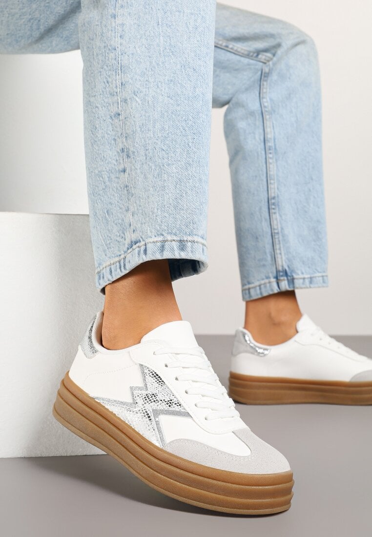 Adidași Argintii și Albi în stil Tenis, decorați cu Model Geometric Tolivanna