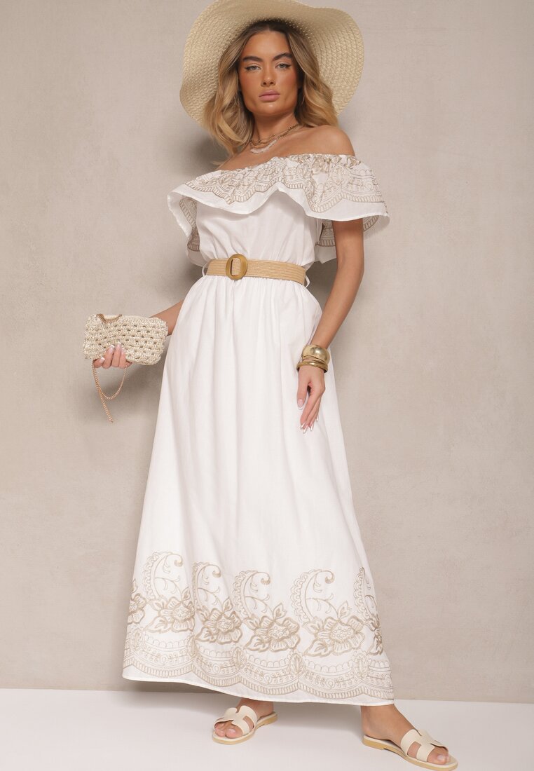 Rochie Albă Boho cu croială spaniolă decorată cu broderie și curea cu cataramă Vallisca