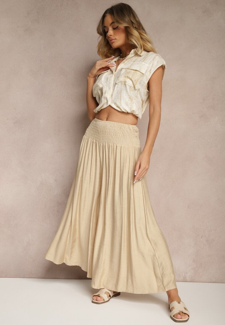 Pantaloni bej tip culotte cu croială largă Talie înaltă Lungime 7/8 Ulanova