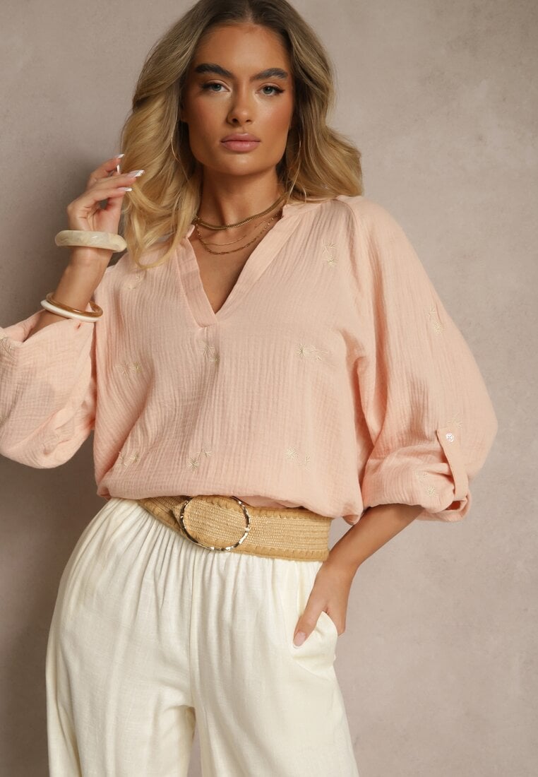 Bluză Bej din Bumbac cu Decolteu în V și Broderie Florală Lisorella