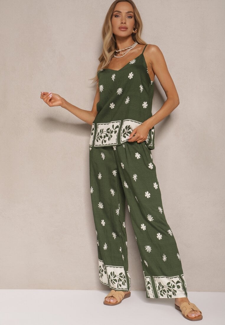 Set Floral Verde închis din Vâscoză Pantaloni și Bluză cu bretele Beldisa