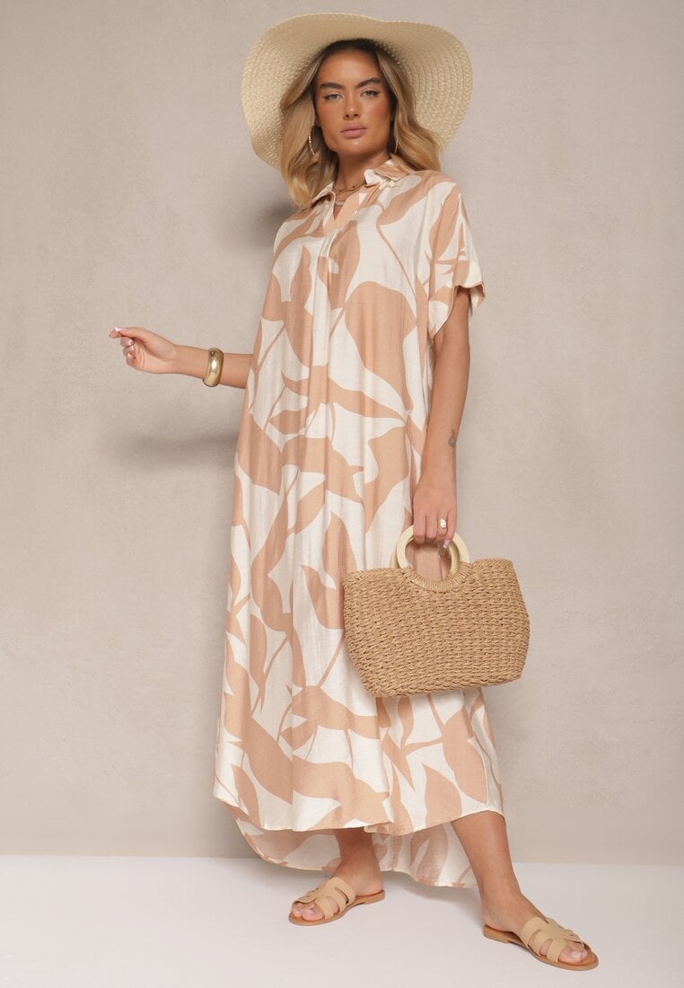 Rochie Evazată Maro cu Model Abstract din Bumbac Telianiela