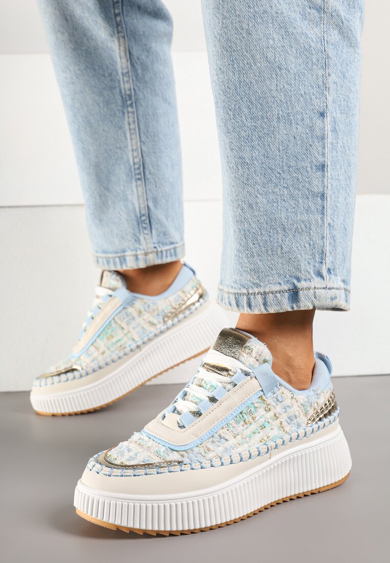 Adidași Alb-Albaștri cu Aplicații din Tweed și Cusături cu Platformă Ulandrelia