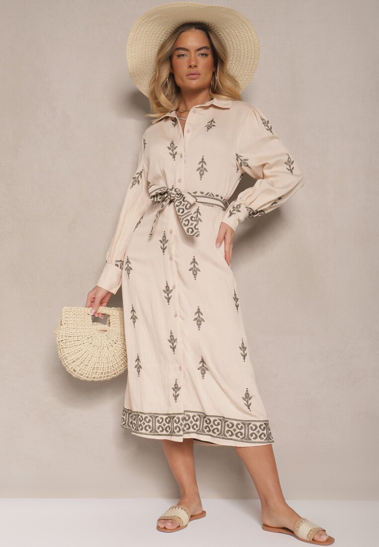 Rochie cămașă Bejă din viscoză legată în talie Telaniwena