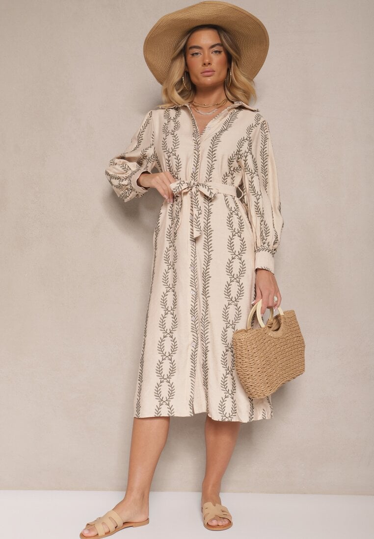 Rochie Bej din Viscoză stil Cămașă cu Broderie și Cordon Salliene