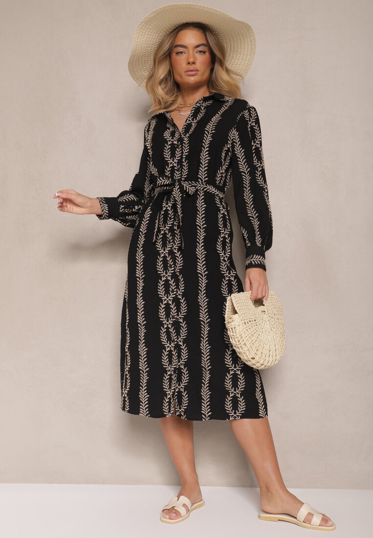 Rochie Neagră din Vâscoză, cu croială tip cămașă, cu broderie și curea cu legătură Salliene