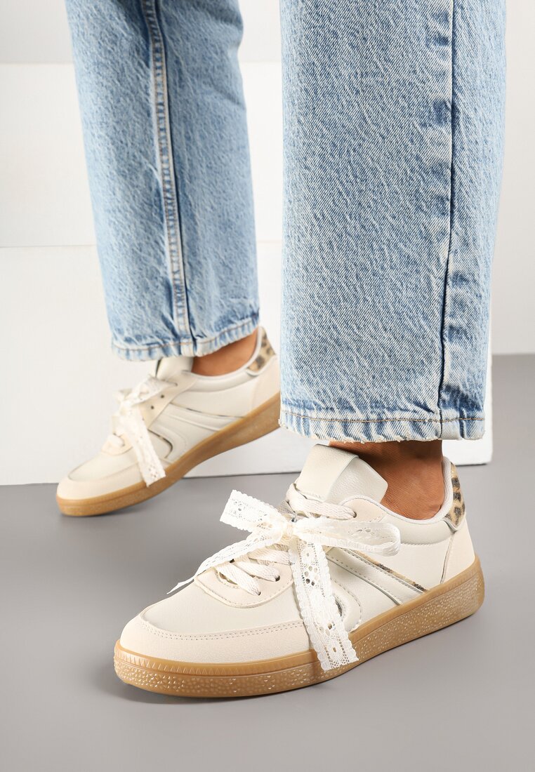 Sneakers Bej tip Tenis iconic cu o fundă decorativă detașabilă Korilinda