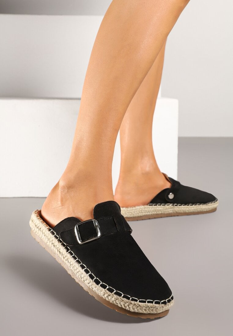 Papuci Negri Tip saboți cu cataramă pe talpă din împletitură granulară