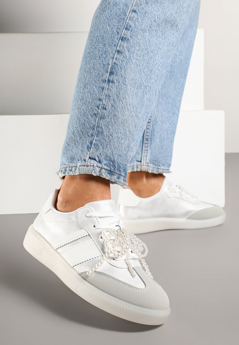 Adidași Argintiu-Gri Tip Tenisi Iconici cu Decorațiune cu Perle Nalavia