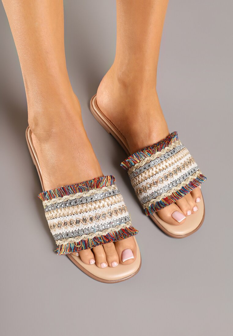 Papuci Bej-Roșii Decorați cu Zirconii și Franjuri în Stil Boho Ridivenna