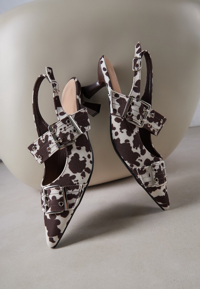 Sandale Maro Slingback cu toc kitten decorate cu nituri și catarame Leaelia