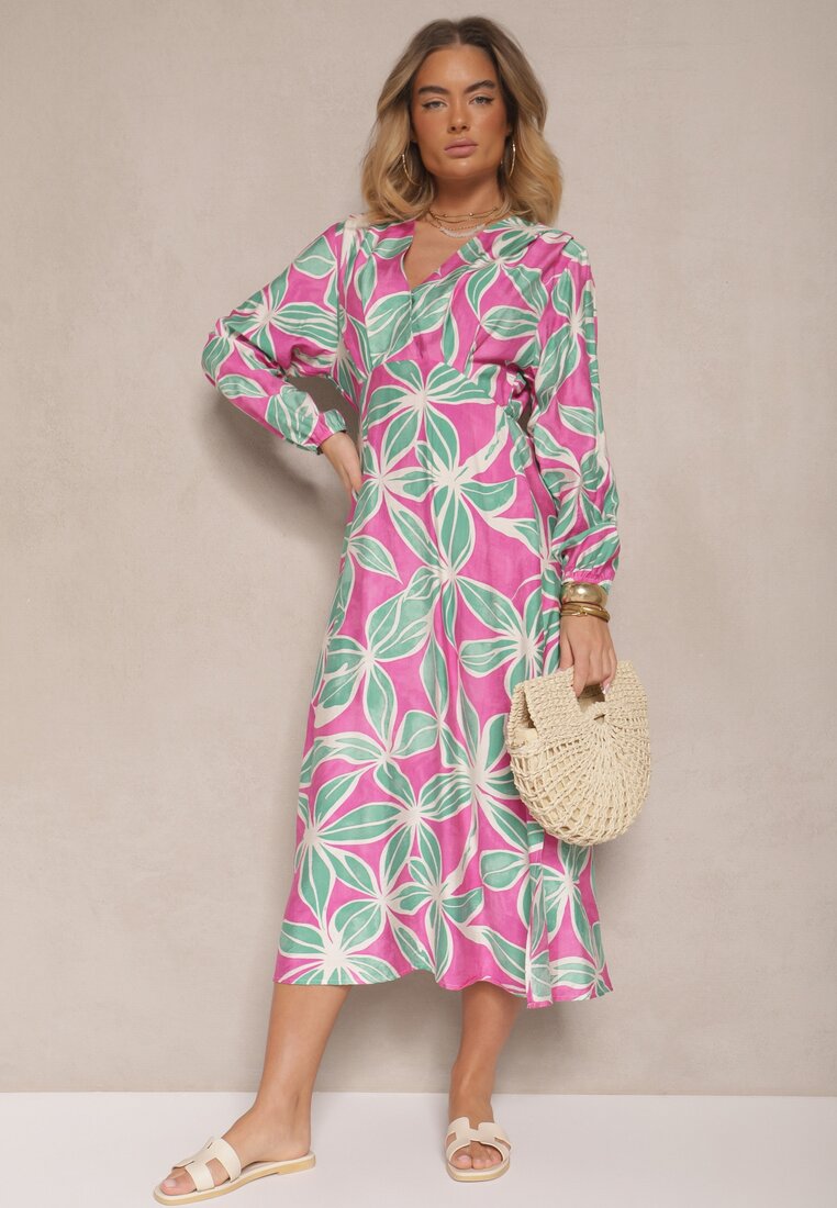 Rochie Verde-Fucsia Tip plic din Viscoză cu Imprimeu Floral Frolhiria