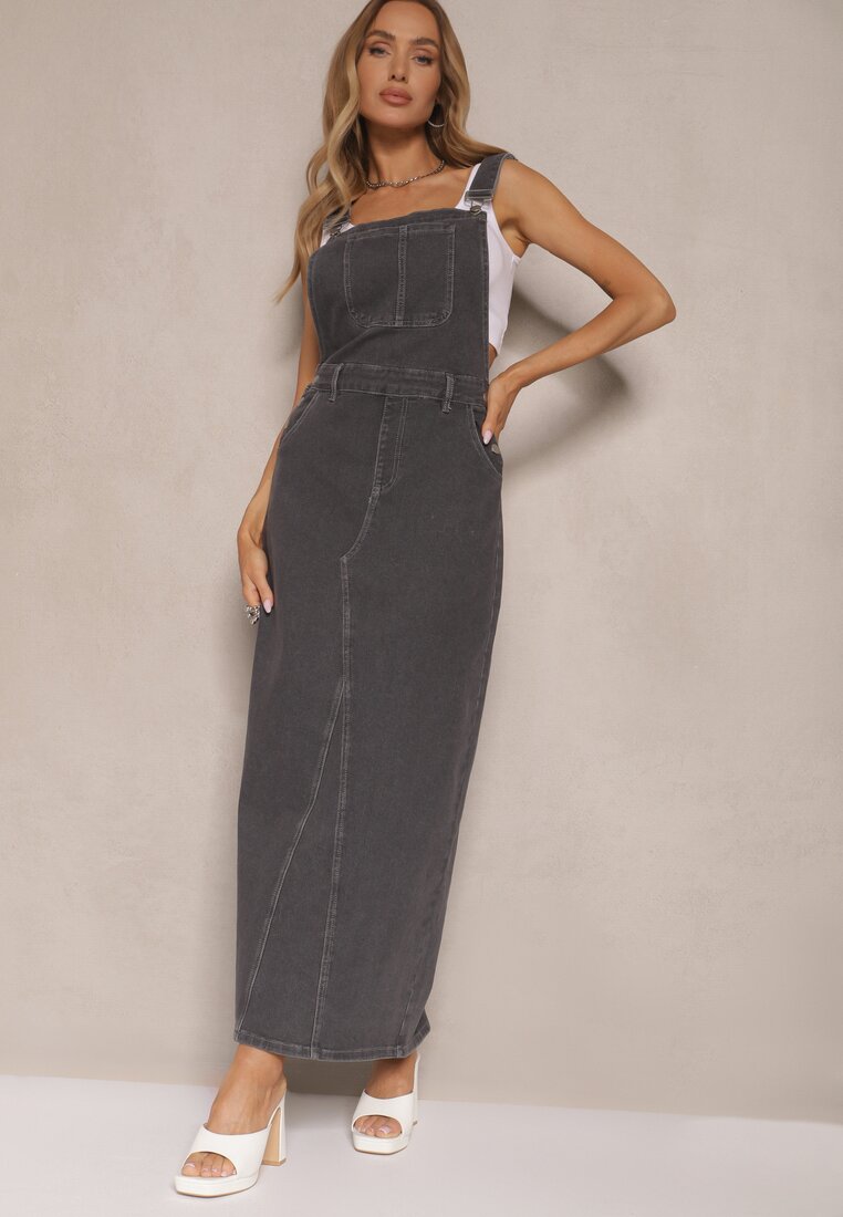 Rochie Gri închis tip salopetă cu șliț decorativ Ralhira