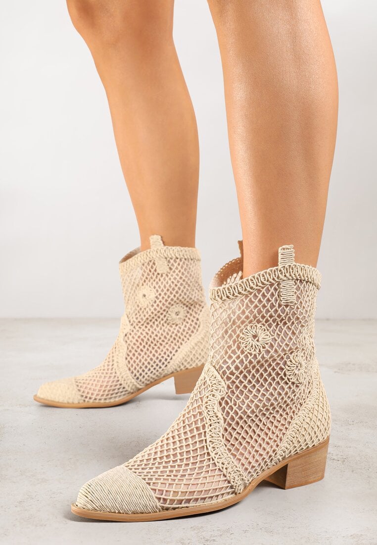 Botine Cowboy bej deschis pe toc conic cu branț din piele și față din plasă Frolozi
