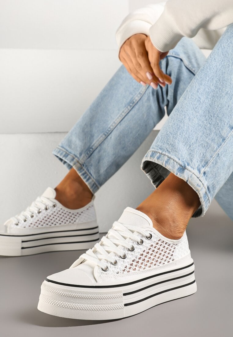 Teniși Albi cu Platformă Decorați cu Dantelă Emozi