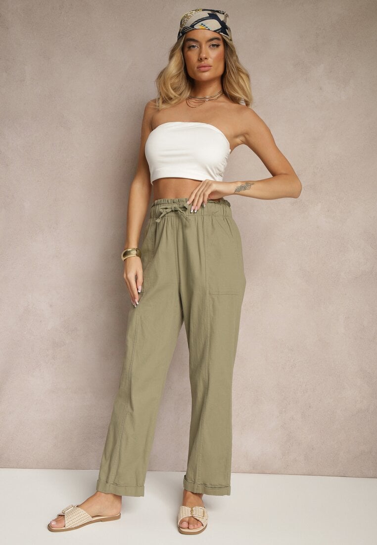 Pantaloni Verde închis din Bumbac Talie înaltă cu Legătură Tyswia