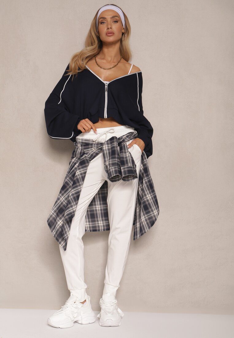 Pantaloni de Trening Albi cu Viscoză High Waist Decorați cu Șnur Ellivenna