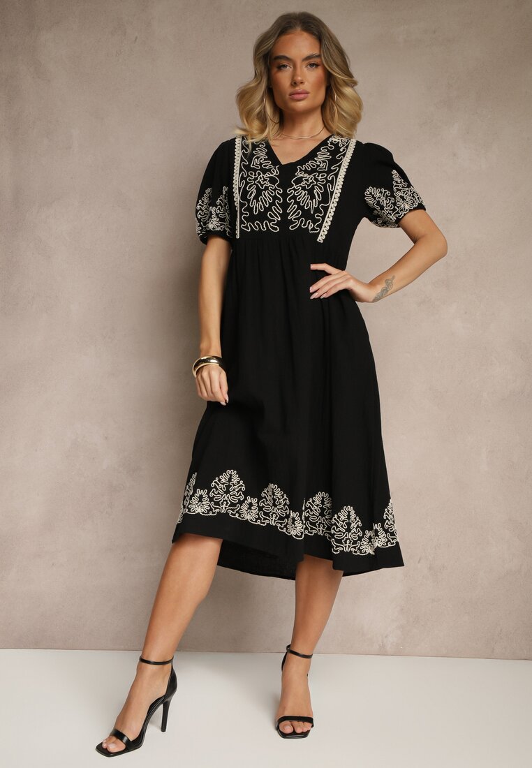 Rochie cloș neagră din bumbac în stil Boho cu broderii Lannils