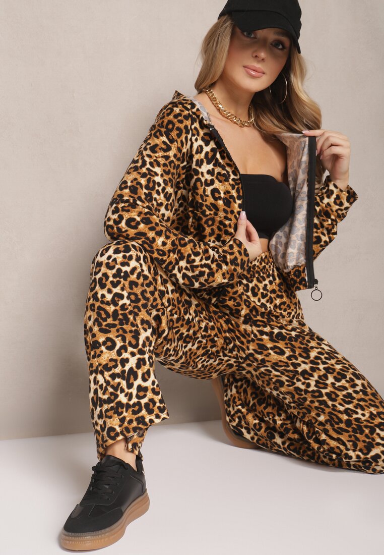Set de trening Maro deschis cu imprimeu leopard Bluză și Pantaloni cu croială largă Edilanea