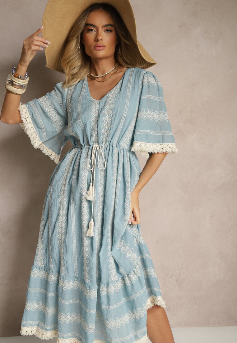 Rochie Evazată Albastru Deschis Boho din Bumbac Decorată cu Broderie și Legătură Koriruna