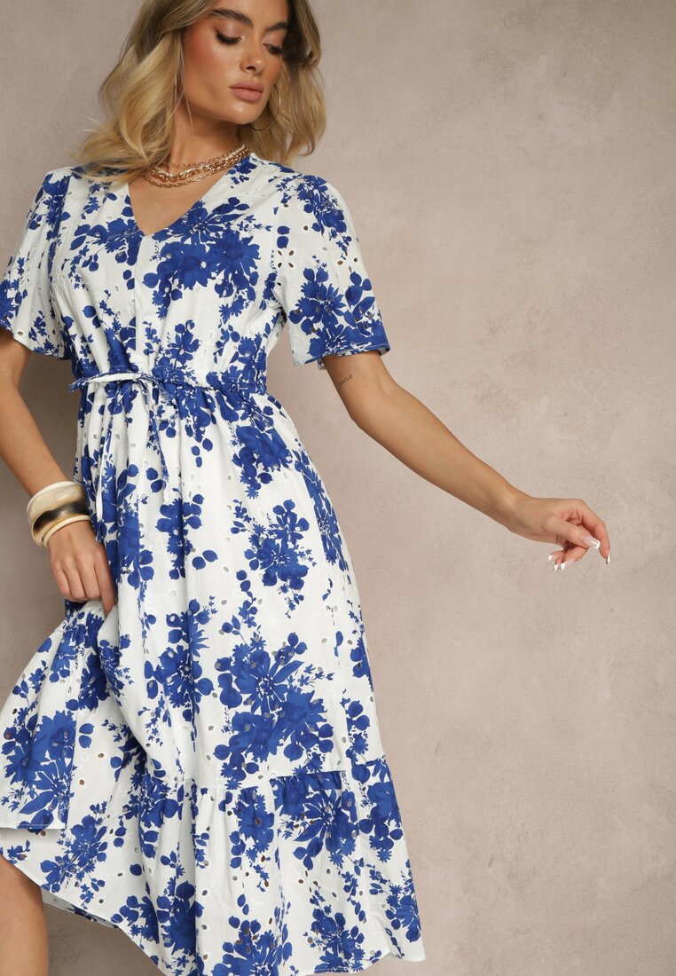 Rochie albastră din bumbac cloș ajurată cu imprimeu floral Velbia